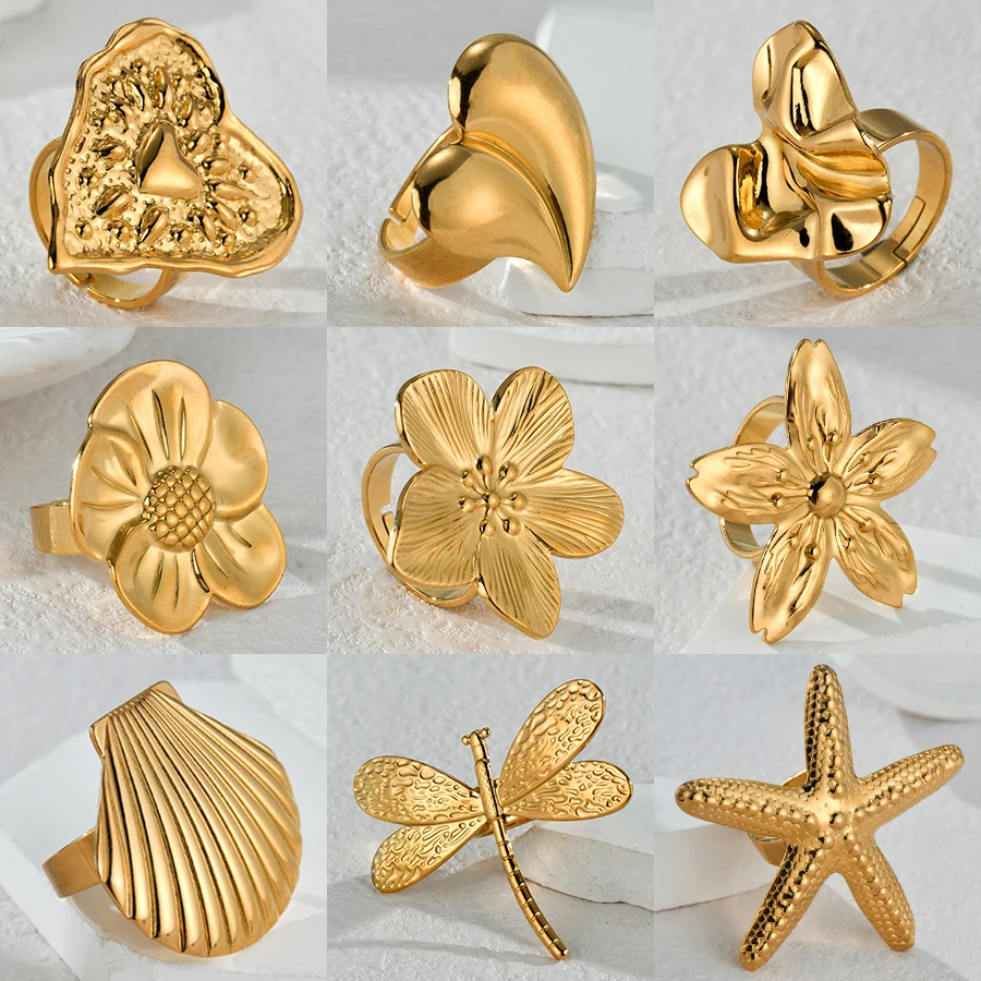 

Letdiffery 2024 New Fashion Flower Rings for Women Stainless Steel Golden Color Irregular Adjustable Open Ring Jewelry Gifts