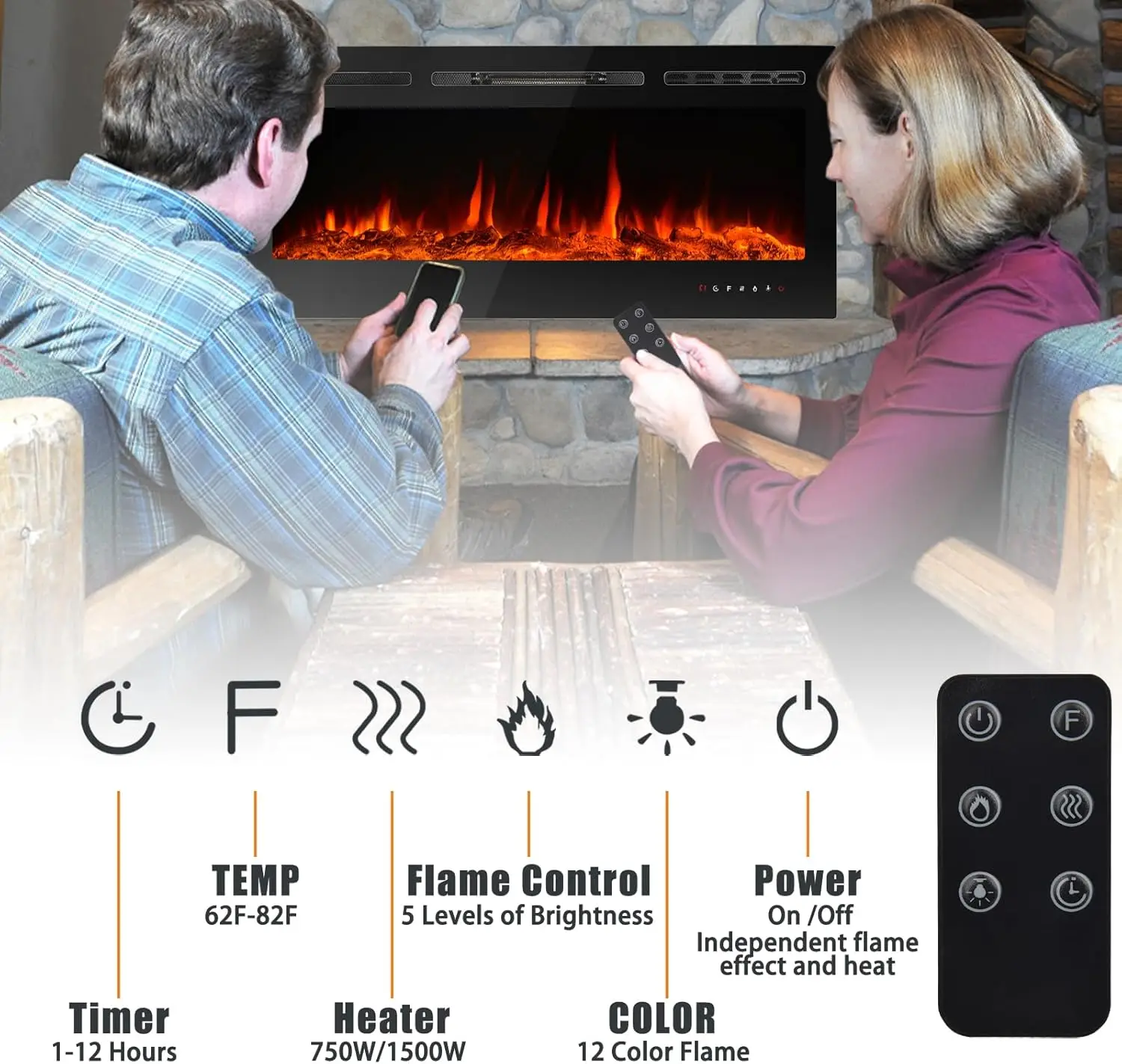 Chimenea empotrada y montada en la pared, calentador de inserción LED, lugar de fuego, Control remoto y táctil, 60 pulgadas