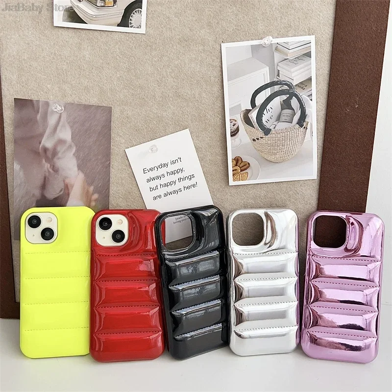 Luxury Glossy INS Fashion PU Leather 3D Down Jacket Phone Case For Iphone 16 Pro Max 15 14 13 12 Shockproof Puffer Case Capa