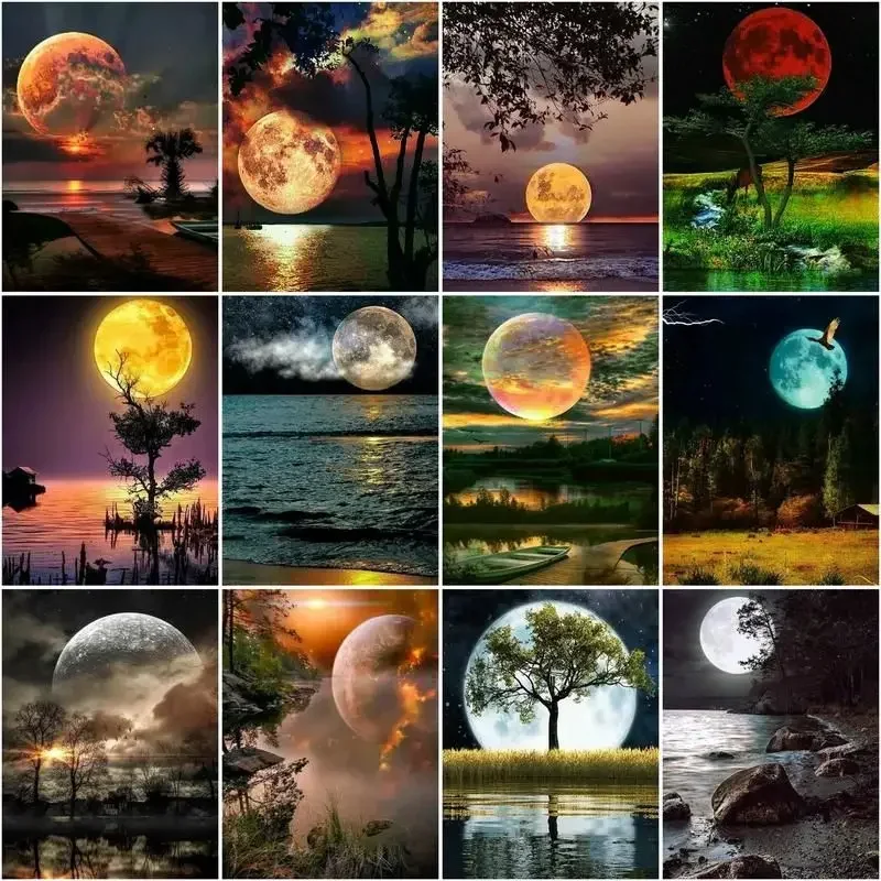 

638968 Paint By Number Moon Landscape Acrylic Paint On Canvas Handpainted Painting Art Gift Diy Draw By Number Lake Kits Hom