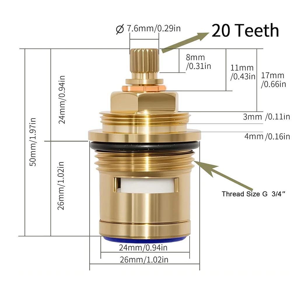 2-Pack 3/4 Inch Brass Disc Cartridge 50mm Height 20-Tooth Stem Hot/Cold Water Valve Core High-Flow Leak-Proof Replacement For Ba