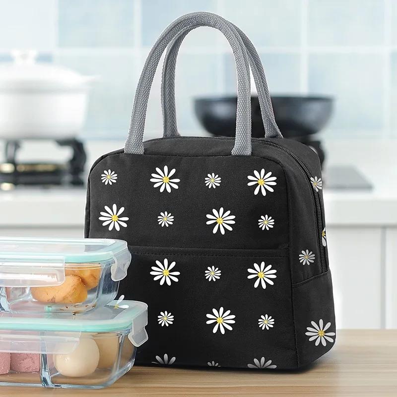 Japanese Style Small Daisy Lunch Bag Portable Thermal  Students Bento Bag Aluminum Foil Cooler Bag with Zipper for Office Worker