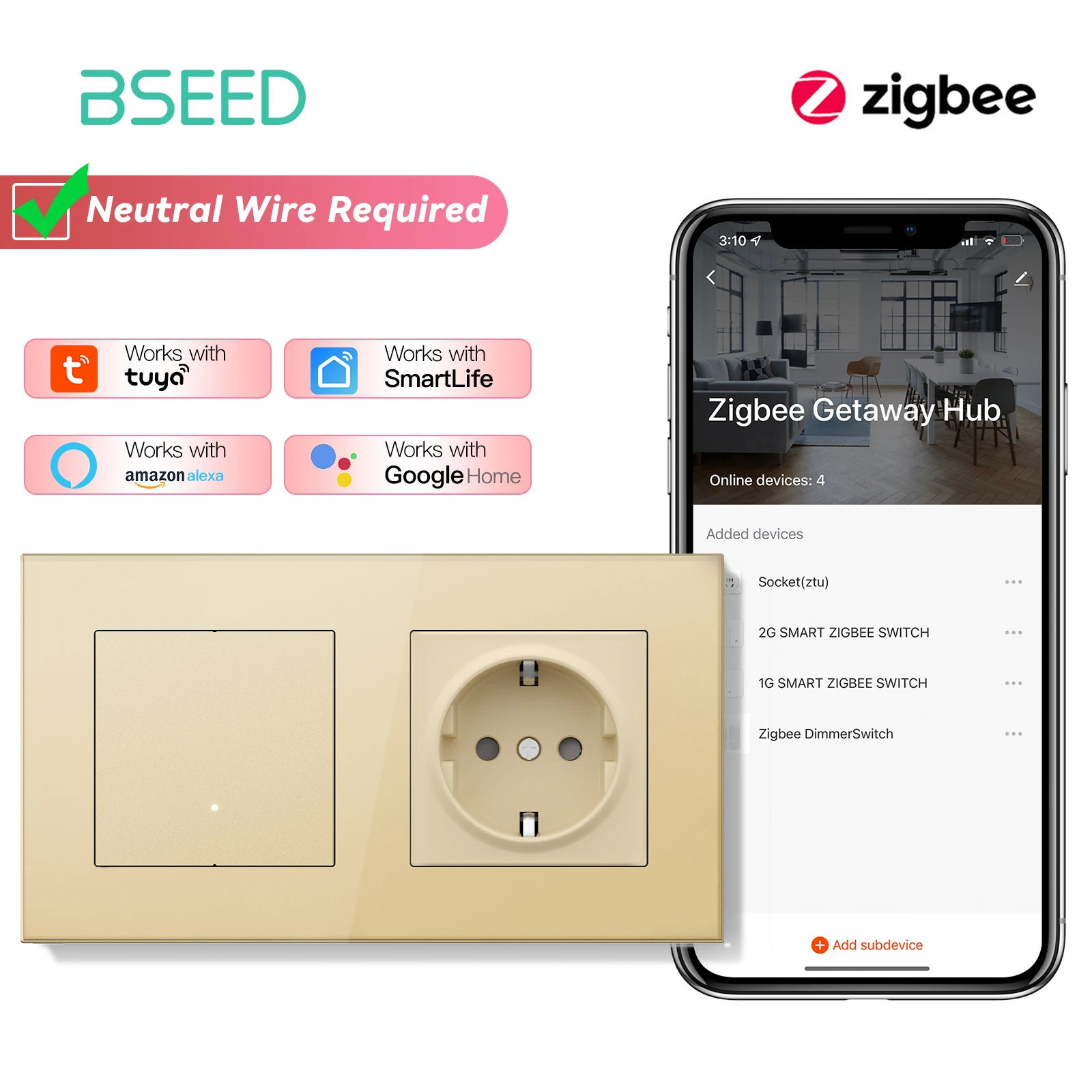

BSEED Zigbee Light Switch 1/2/3Gang 2Way Smart Click Button Switch Glass Panel White LED Indicator Tuya Smart Life Alexa Control