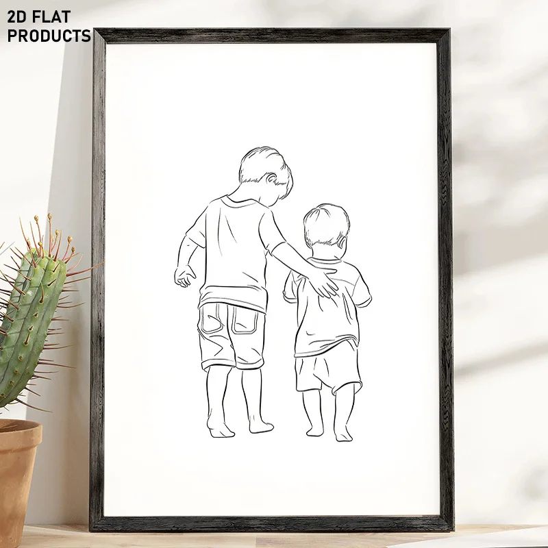2D Flat, 2D Flat, 1pc, Multi-Size Frameless Canvas Art, Brother Prints, Brother Little Brother Line Art, Brother Gifts, Famil
