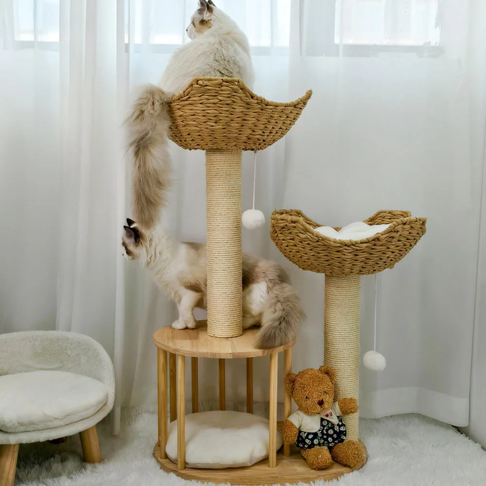 3 ชั้นแมวเบาะ Plush Napping Perches ลูกแมวคอนโด Sisal เชือกโพสต์และแขวนของเล่น Tower สําหรับในร่ม Kitties