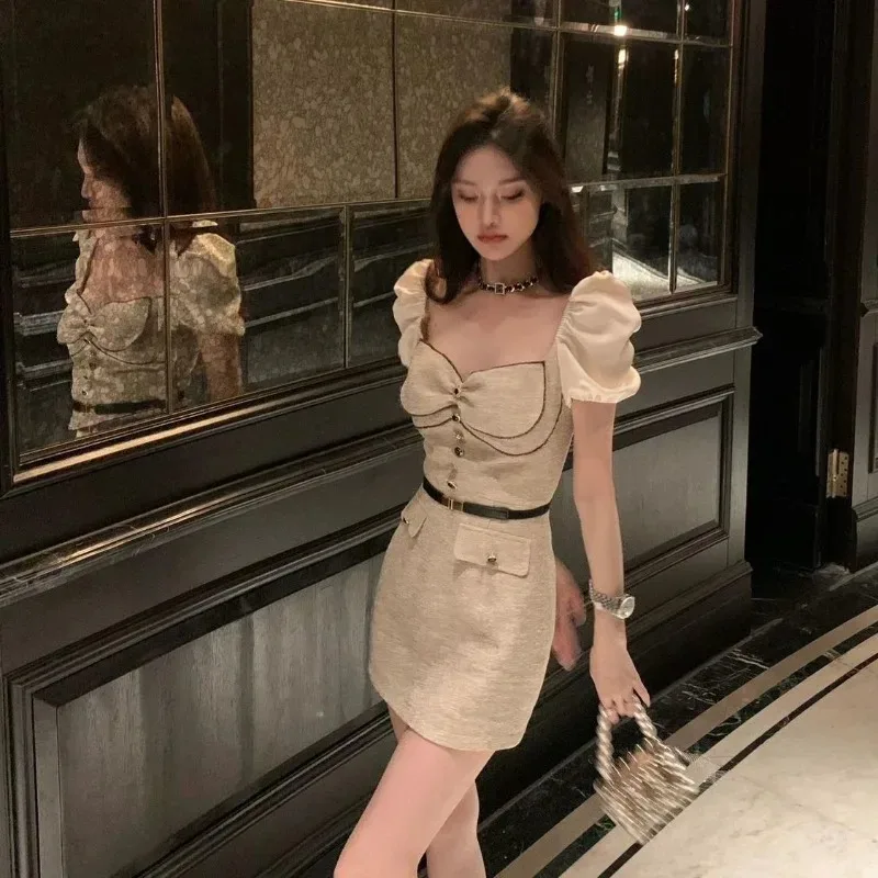 Temperament Celebrity Splice Bubble Sleeve Wrap Hip Dress Women Collarbone Contrast Color Sweet Slim Summer Gentle Chic Wear New