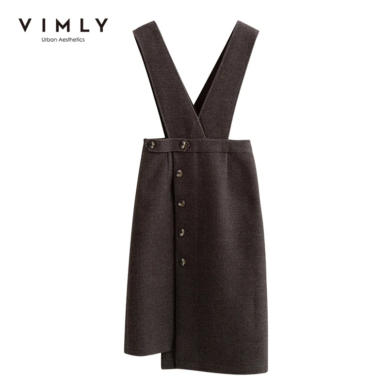 Vimly Winter Dresses For Women Fashion Solid High Wasit Sleeveless Buttons Strap Dress Elegant Female Knee-Length Vestidos F3871