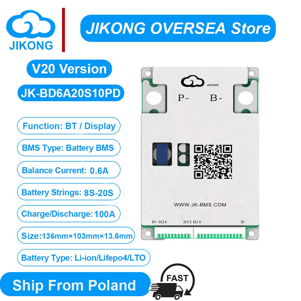 Image of JIKONG BMS 0.6A V20 BD6A20S10PD 8S 10S 12S 16S 17S 20S 24S Aktiver Balancer 40A 60A 100A 300A für LiFePO4 Li-Ion LTO Batterien mit JKBMS APP Bluetooth-Display