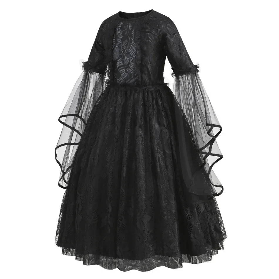 Kinder-Kostüm „Königliche Vampir-Königin“ Retro Schwarzes Kleid mit Rosen-Stickerei Mädchen Gothic-Kleid Halloween Straßenparade Bösewicht-Rollenspiel-Outfit – Detail 5
