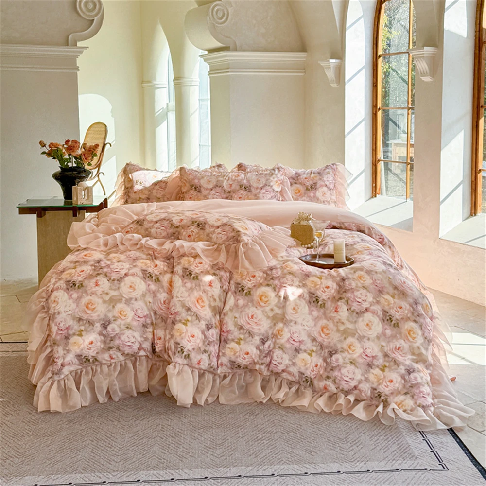 Luxury Pink Flower Bedding Set Soft Bedroom Decor Comforter Ruffles Duvet Cover Set Pillowcase Bed Sheet Cotton Four Pieces Set