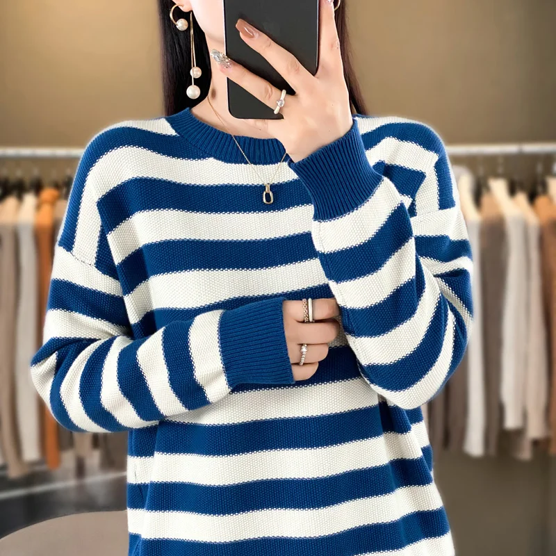 

Весенне-осенний женский свитер из 100% хлопка, повседневный полосатый вязаный пуловер с круглым вырезом, свободный топ с длинными рукавами, джемпер, блузка.