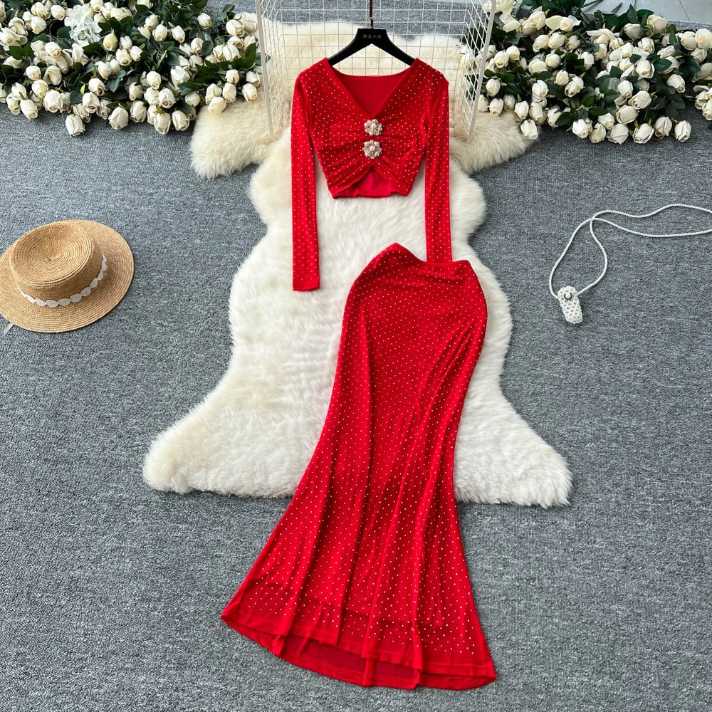 

Chic Sexy rhinestone long sleeve Fairy Casual dress Summer Beach Vestidos Women Party Two Piece Set
