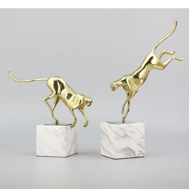 Handicraft Furnishings Marble Animal Golden Metal Simulation Leopard Cheetah Modern Home Decoration Sculpture