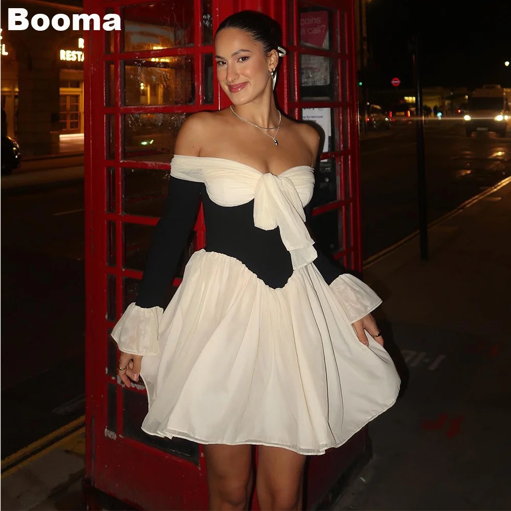 

Booma Black Cocktail Dresses Off Shoulder Flare Long Sleeves Mini Prom Gowns Bodycon Birthday Dress for Women Club Night Wear