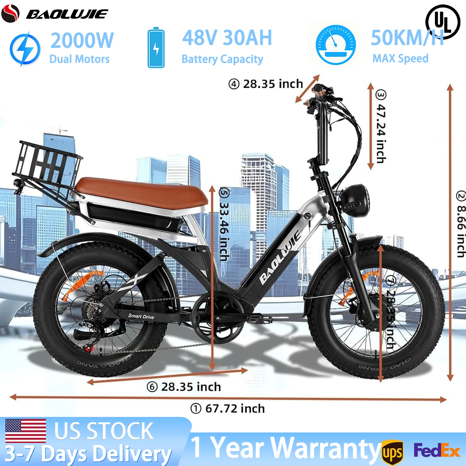 

BAOLUJIE 2033 Dual Motor Ebike 2000W Electric Bike for Adults Full Suspension Battery Electric Bicycle 7 Speed【1 Year Warranty】
