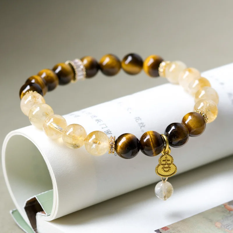Natural tiger eye stone paired with yellow pyramidal crystal bracelet, new Chinese-style cultural accessory
