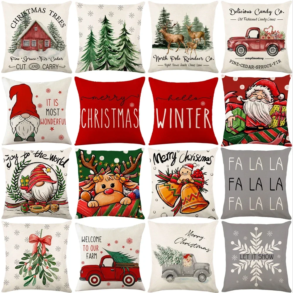 

Merry Christmas Decor Cushion Cover 45x45 cm Pillow CaseCartoon Reindeer Santa Claus Printed Throw Pillowcase Linen Pillow Cover
