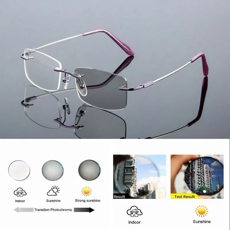 Grenzenlose photochrome Lesebrille für Männer und Frauen, Memory-Titanlegierung, Presbyopie-Brille, Outdoor, drehen Sie grau unter Sonnenlicht – Detail 11