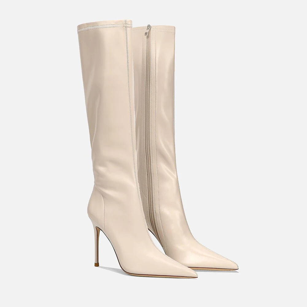 

FWRD Women's Beige Leather Knee-High Boots, Pointed-Toe Stiletto Heels, Elegant Slim Fit for Fall & Street Wear #FWRD000330