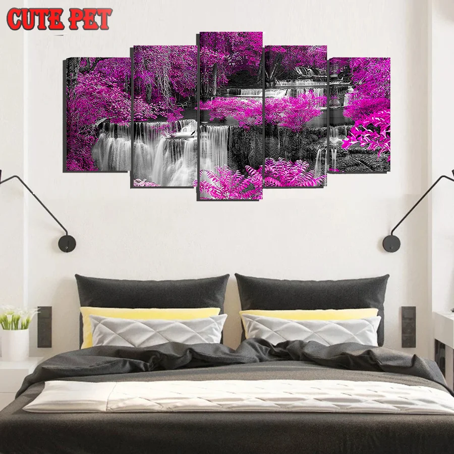 purple tree forest diamond mosaic full round square drill diamond embroidery icon 5d diy diamond painting waterfall scenery 5PCS