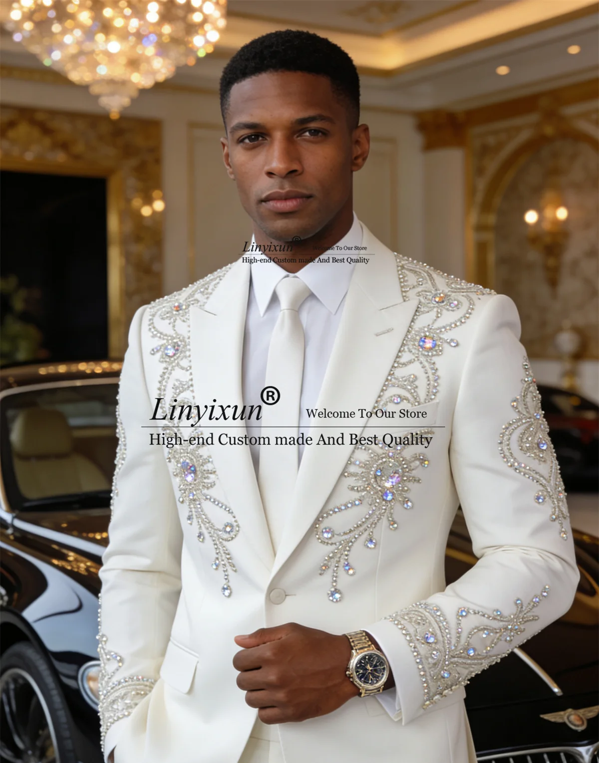 

Handmade Rhinestone Beaded Men Suits Customized Groom Wear Tuxedos 2 Pieces Sets Male Prom Party Blazers Slim Fit Ropa hombre
