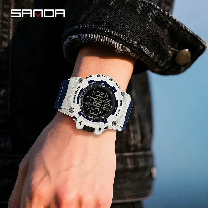 SANDA Fashion ساعة إلكترونية رياضية للرجال بإضاءة ليلية LED تناظرية رقمية للعد التنازلي وساعة يد إلكترونية للطلاب