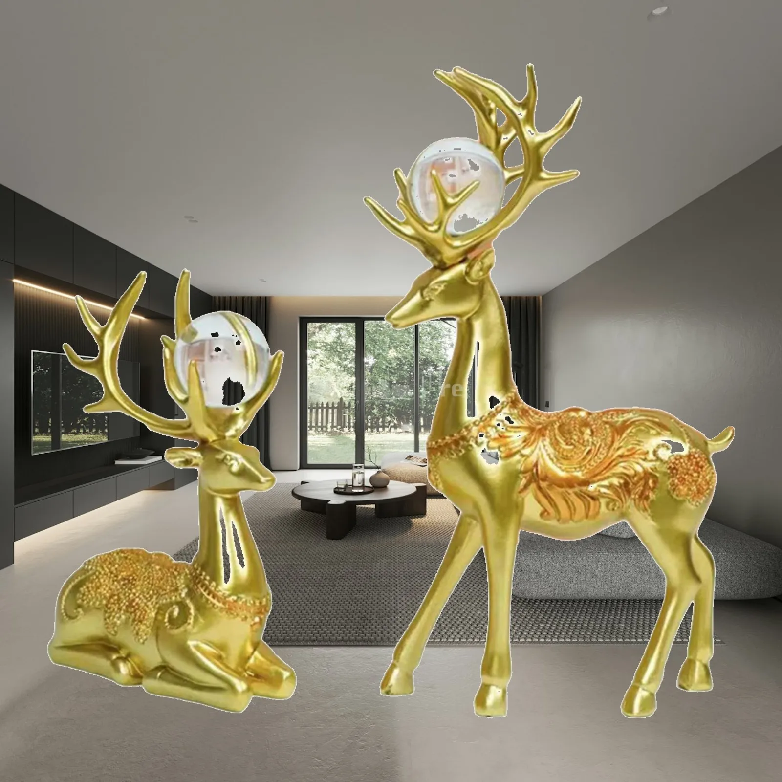 Resin Couple Deer Figurine Sculpture for Home Decor Ornament Shelf Desk Car Decoration Modern Animal Craft