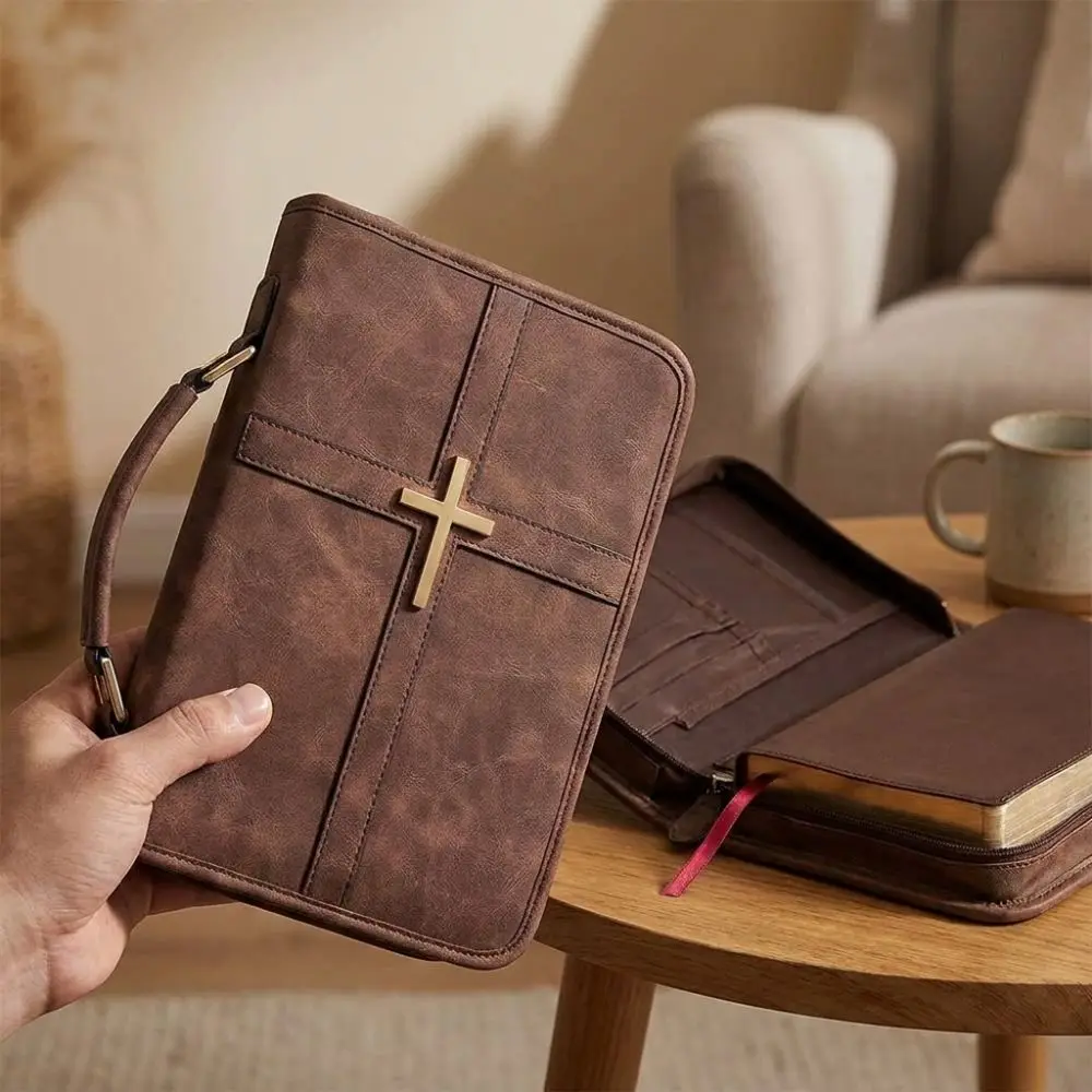 Cross-themed Vegan Leather Bible Cover Dust-proof with Phone Pocket PU Leather Bible Bag Religious Style Zipper Closure