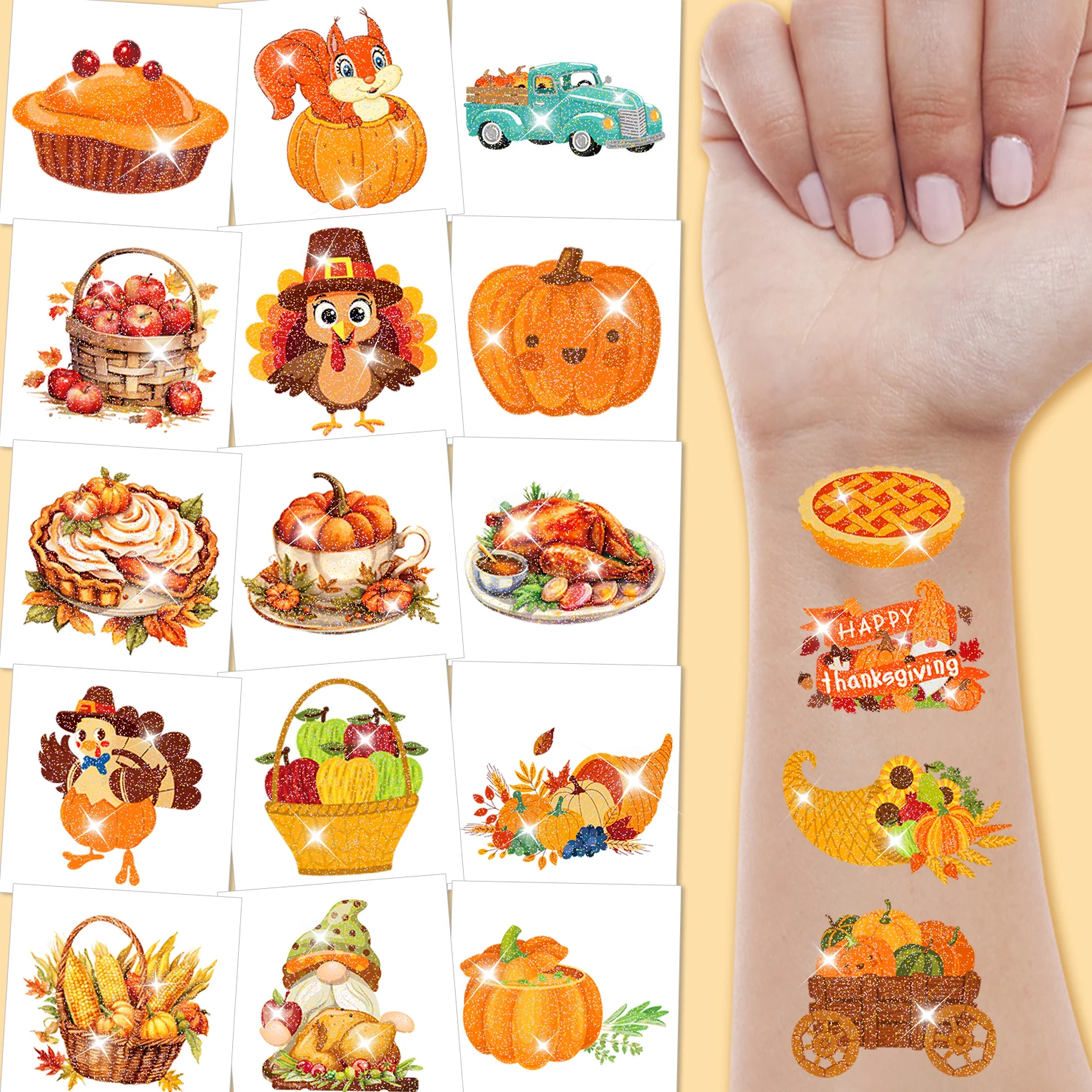 12 ورقة من الوشم المؤقت لعيد الشكر اللامع، وشم خريفي آمن مقاوم للماء، خريف سعيد، أفضل خيار لحقيبة جودي الخريف