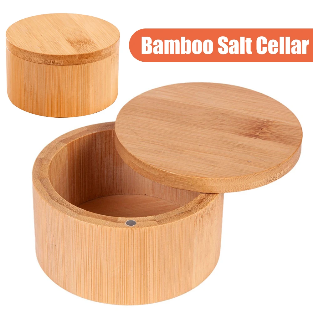Bamboo Salt Cellar with Swivel Magnetic Closure Lid Bamboo Storage Box Round Salt Container for Storing Salt Pepper Sugar Herbs