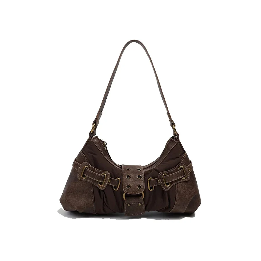 

Коричневая сумка подмышки, популярная сумка на плечо для девочек, модные сумки с пряжкой и декором, мотоциклетная сумка через плечо Y2K, стильные сумки в стиле Харадзюку в стиле панк