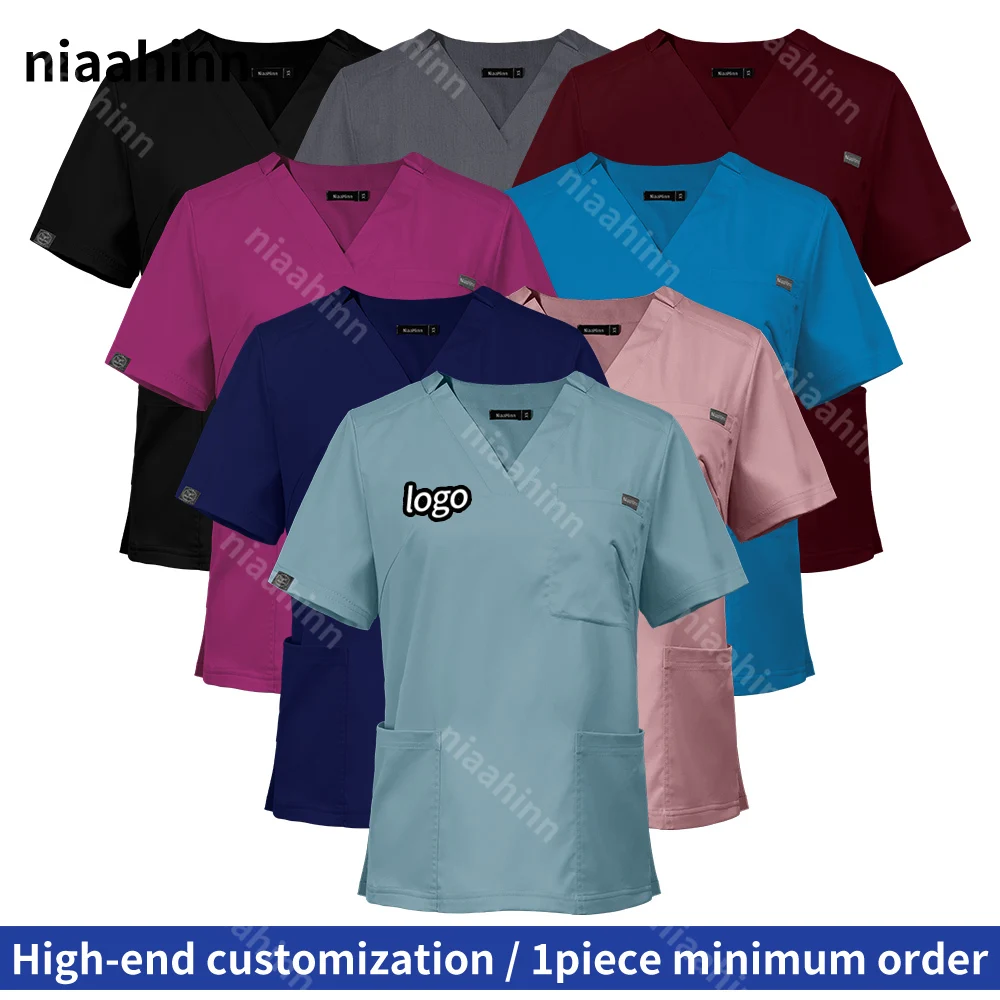 

Customized Logo V-neck Medical Scrub Tops Casual Nurse Shirt Short Sleeve Pharmacy Blouse Hospital Overall Women Nursing Uniform