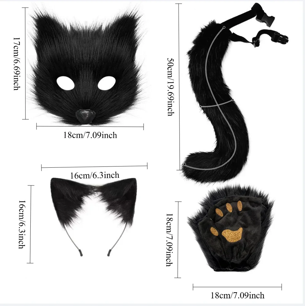 4Pcs Faux Fur Fox Costume Set Mask Gloves Headband Tail with Claws Realistic Furry Cosplay Halloween Party Animal Role Play Kit