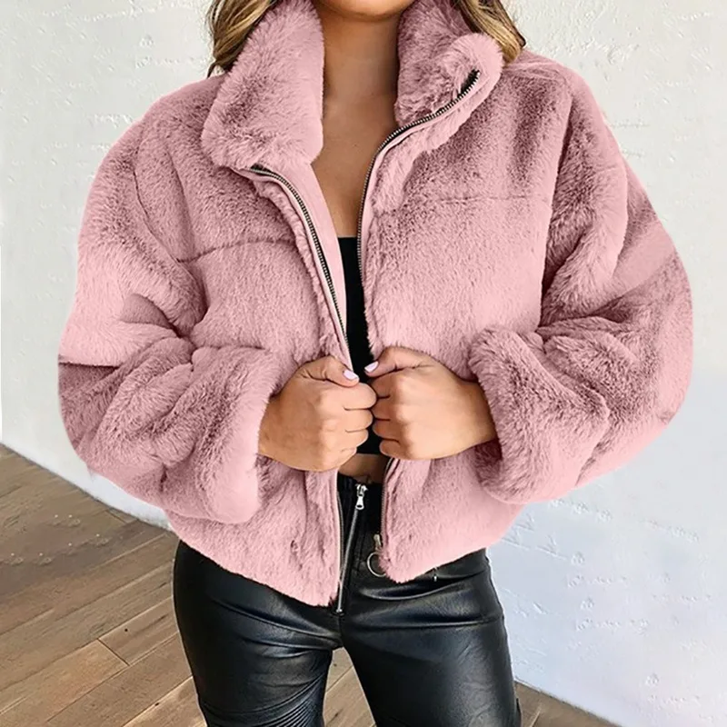 Women Faux Fur Cropped Jacket Stand Collar Zip Up Plush Fluffy Loose Long Sleeve Outerwear Winter Street  Daily Casual Outfit