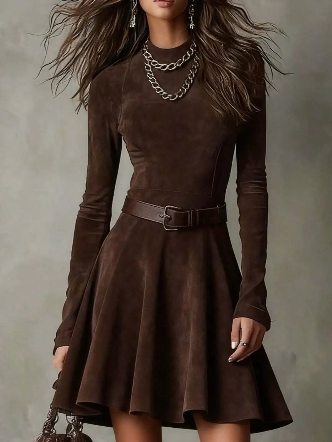 

Brown Suede-Look A-Line Mini Dress with Stand Collar, Long Sleeves & Belted Waist