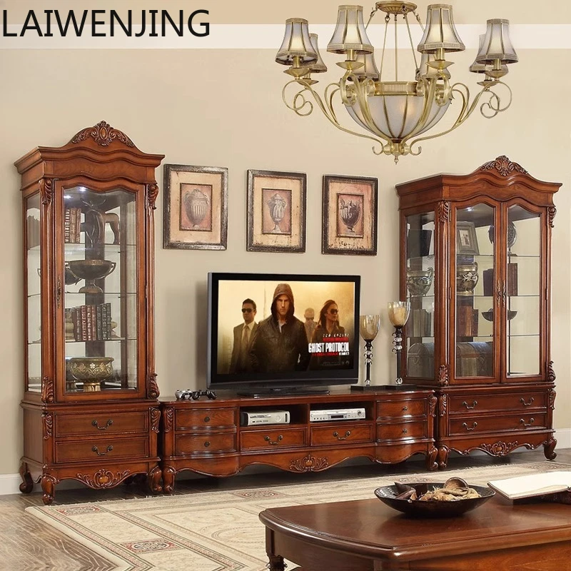 

MJY solid wood TV cabinet coffee table combination set European TV cabinet integrated wall cabinet