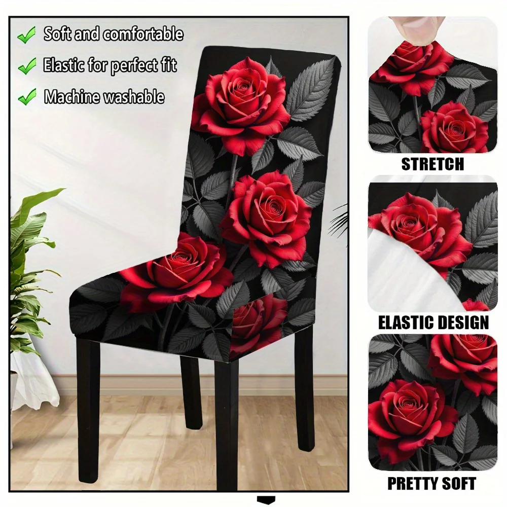 4/6pcs Luxury Black Red Rose Floral Print Stretch Dining Chair Cover – Removable Washable Dramatic Floral Slipcover