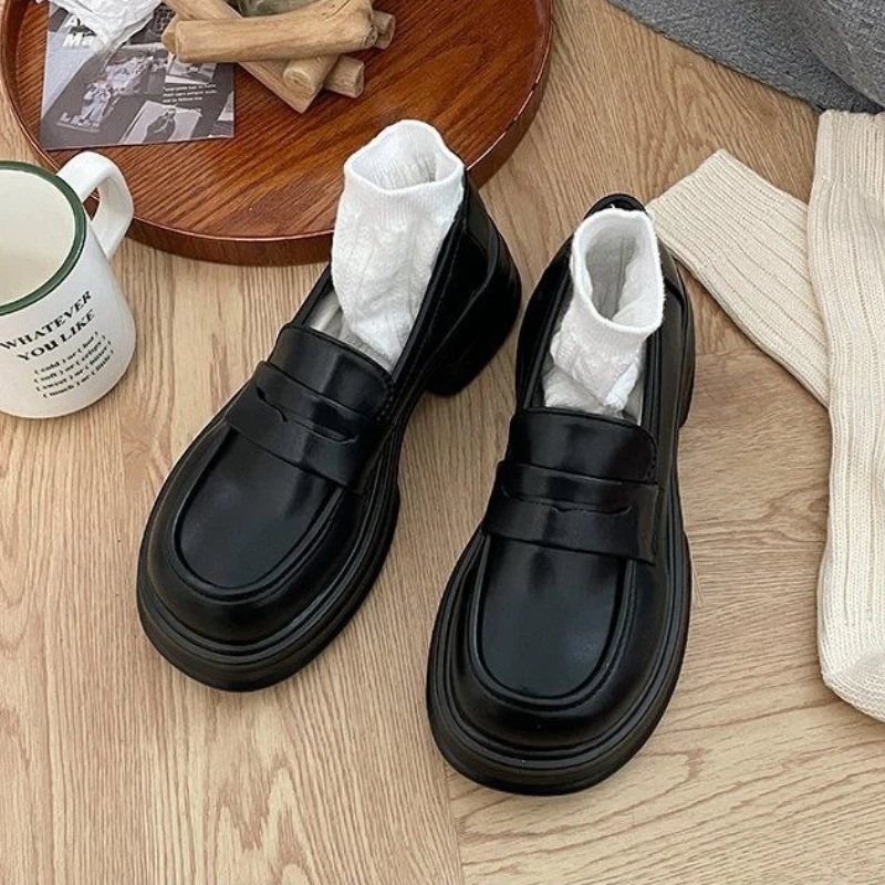 

Women's Round Toe Thick Sole Single Shoe Black Preppy Style Mini Leather Shoes Versatile British Loafers 2025 JK Shoes