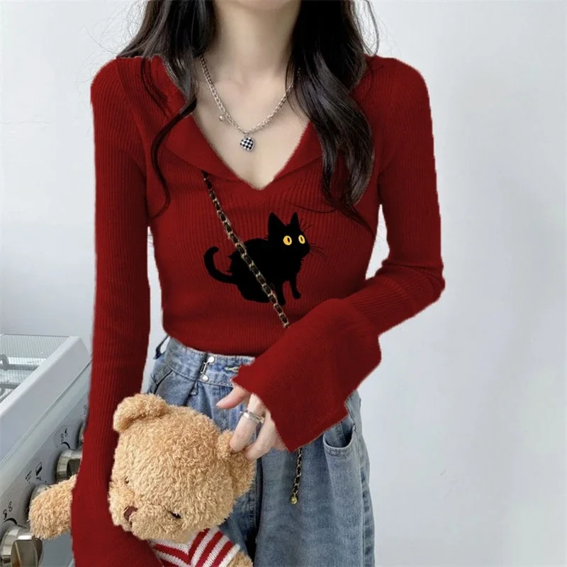 Deeptown Y2k Coquette Vintage Women Sweater Cat Korean Fashion V Neck Knitted Pullovers Harajuku Long Sleeve Slim Autumn Jumper