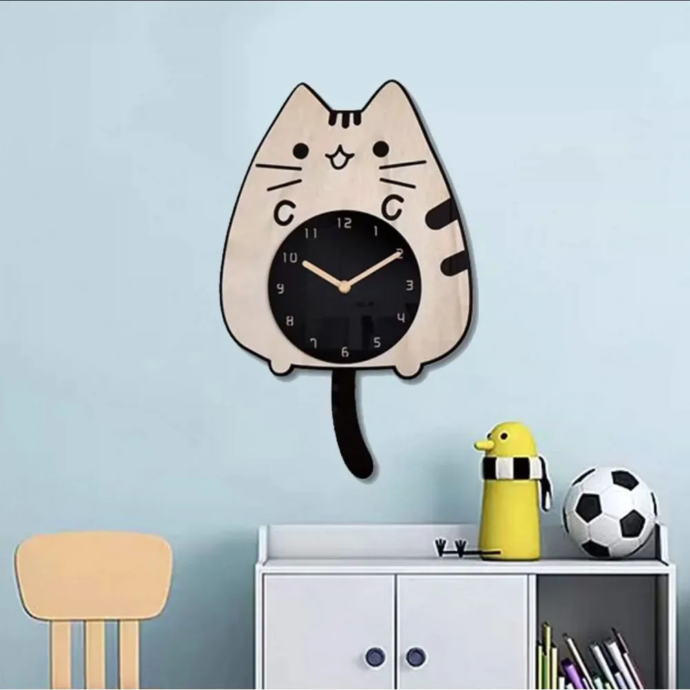 

3D Wooden Cartoon Cats Wall Clock Home Decoration Children Room Decor Wagging Tail Quiet Creative Quartz Digital Swinging Clock