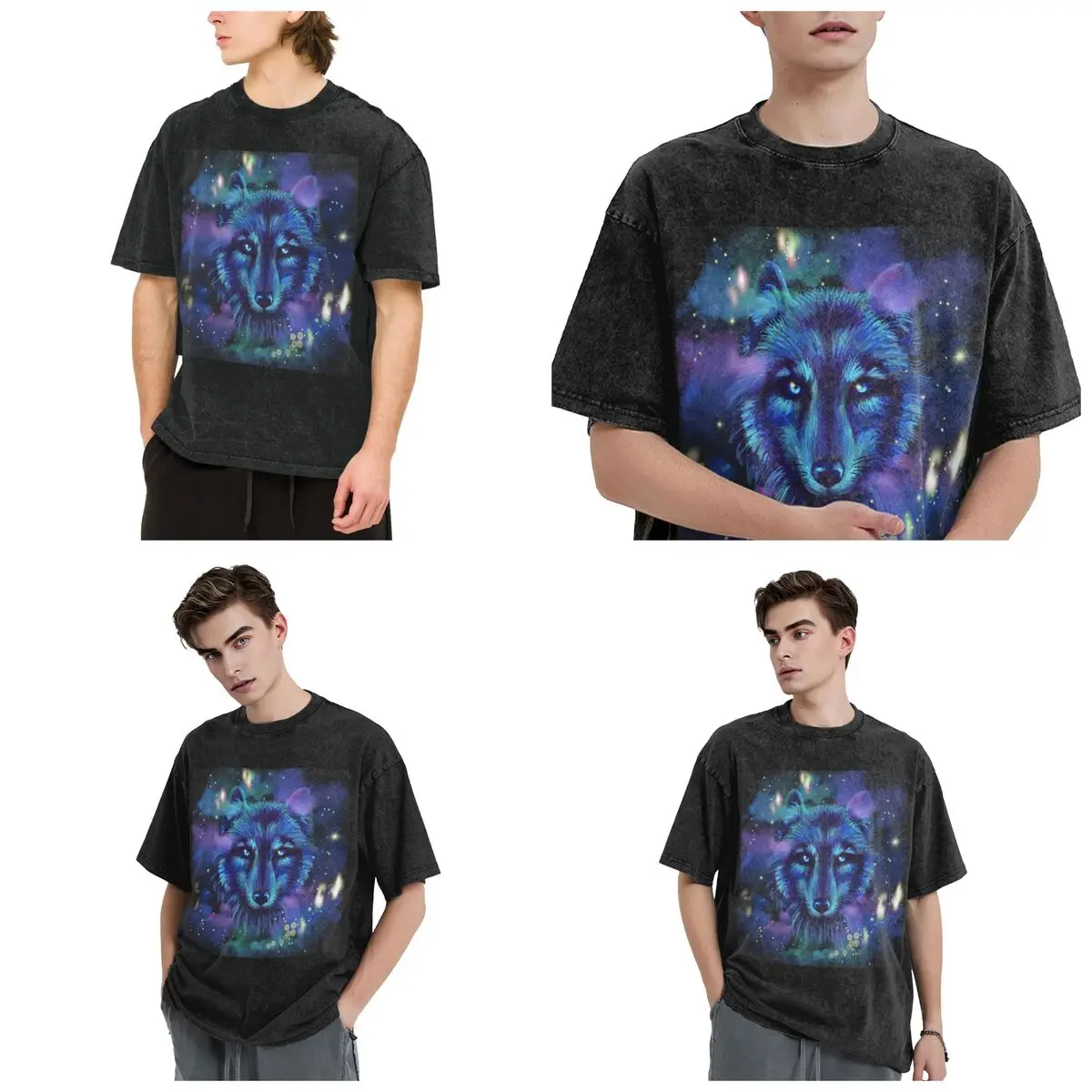 تي شيرت Astral Wolf Hip Hop بأكمام قصيرة تي شيرت مغسول تي شيرت كاجوال للرجال والنساء