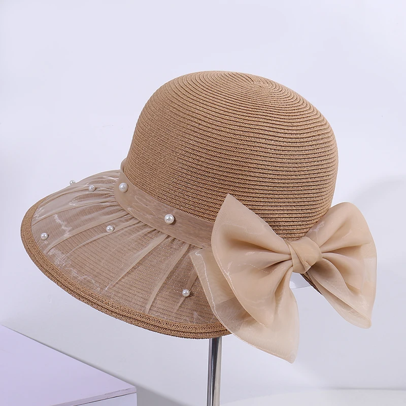 유행 진주 매듭 통기성 우아한 야외 해변 휴가 여행 태양 보호 모자 여성을위한