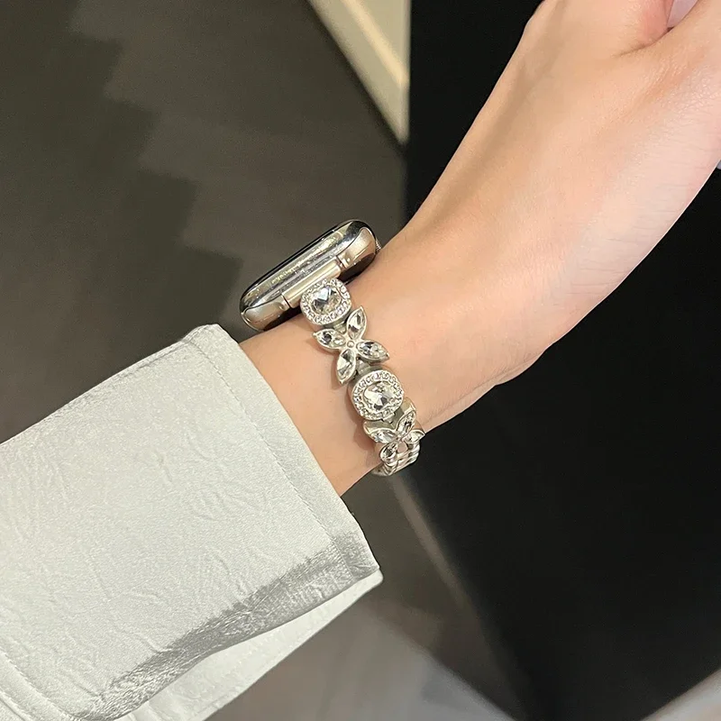 Bling Diamond Zircon Strap para Apple Watch, Pulseira de aço inoxidável para senhoras, IWatch 9, 8, 7, SE, 6, 5, 4, 44mm, 40mm, 42, 45, 41, 49