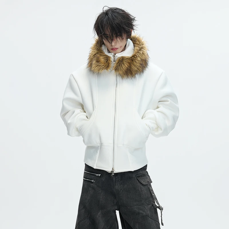 LUZHEN 2025 Winter New Personalized Faux Fur Hooded Design Casual Coat Men's Fashion High Quality Street Solid Color Tops JY5343