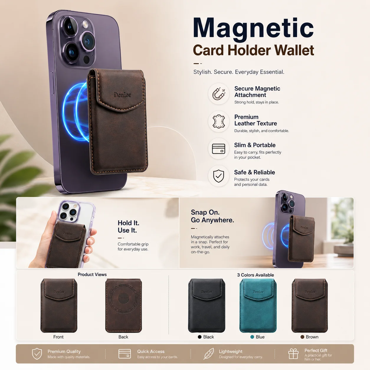 Denior PU Leather Magnetic Phone Wallet For Iphone 17 16 15 14 13 12 Pro Max Plus, RFID 4 Card Holder Snap On Pocket Bag