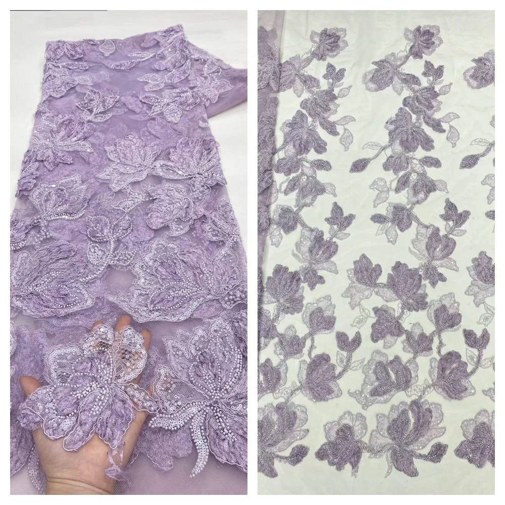

Purple Luxury French Mesh Embroidery Beaded Lace Fabric African Nigerian Sequins Lace Fabric For Wedding Dress Sewing Material