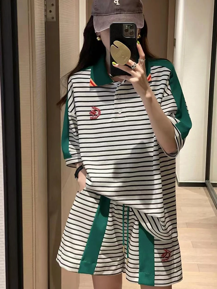 Striped Casual Sports Suit Womens Short Sleeves 2 Piece Sets Women Outfit 2024 New Vintage Stitching Top Shorts Suits Y2K Street