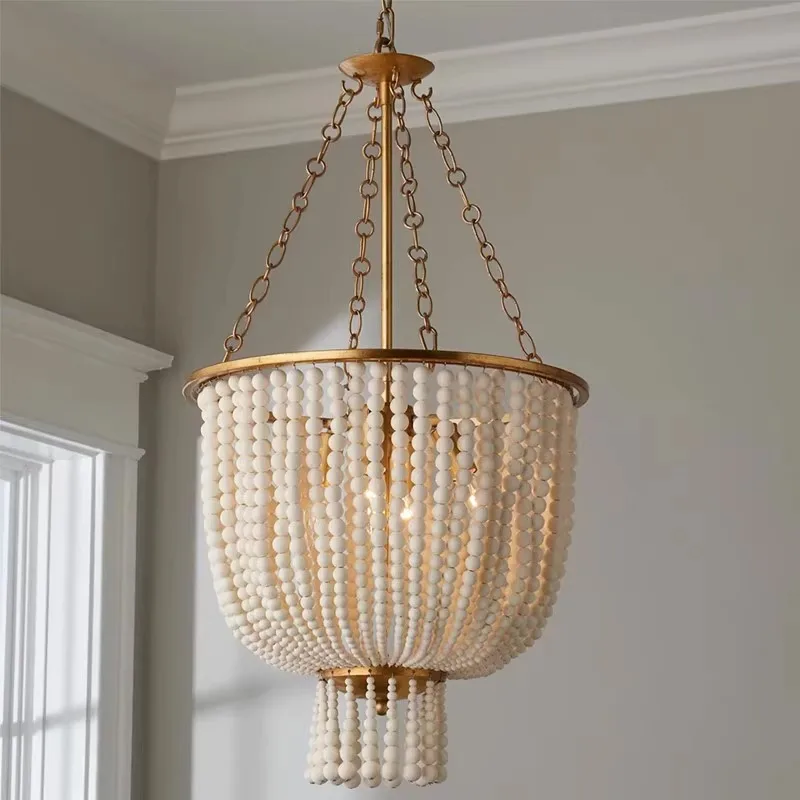 Creative American Wood Beads Chandelier For Living Room Home French Decor Retro Bronze Iron E14 Led Bulb Pendant Light Fixture