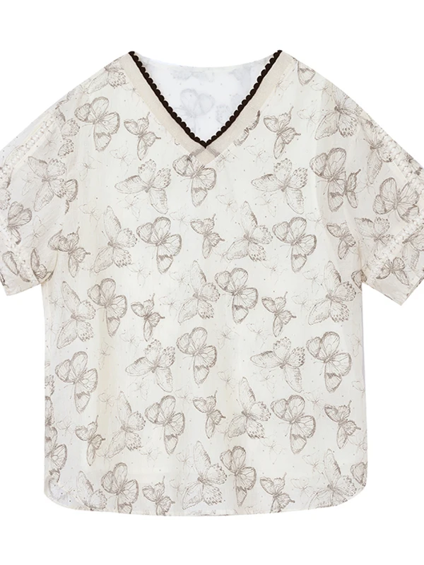 

Large Size Women's Print V-Ne ort Sve irt Summer Trendy Loose Top Sweet Sle Faionable Casual Blouse