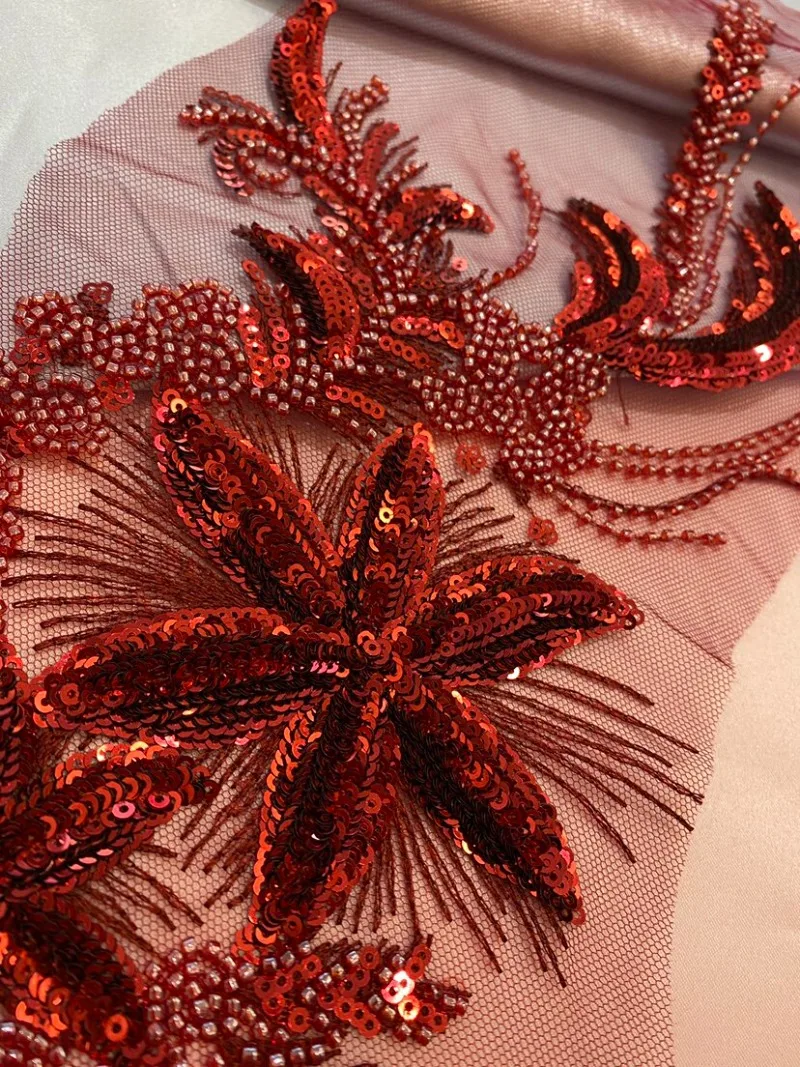 Burgundy White Elegant Wedding Appliques DIY Sequin Beaded Decorations for Mother Dresses Evening Gowns Kids Performance Costume